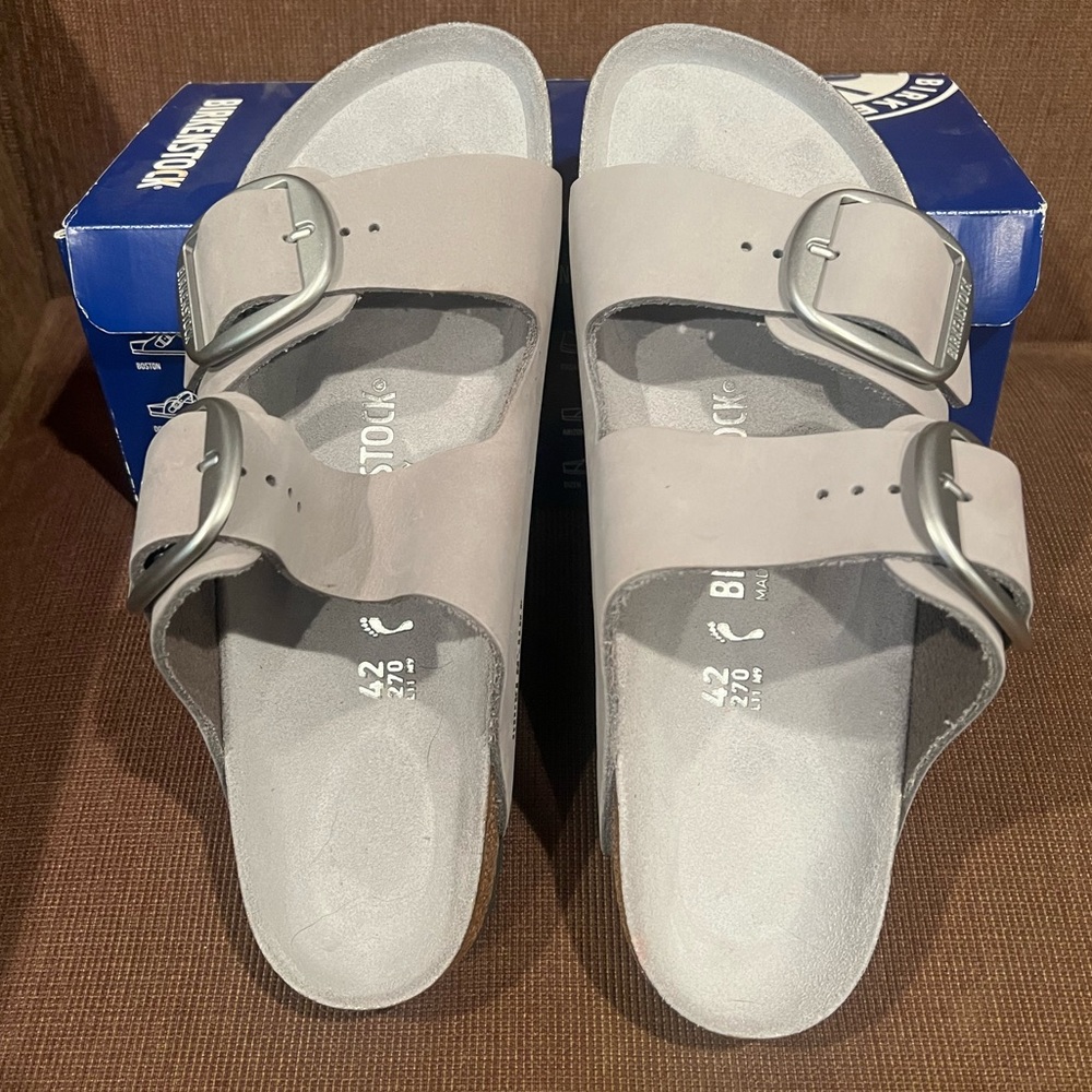 Brand new gray, big buckle, Birkenstocks - sz. 11